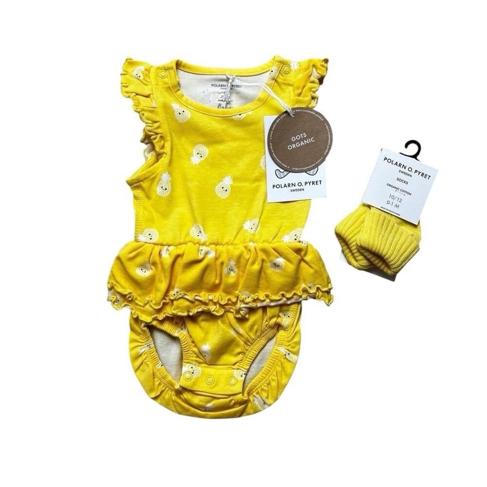 Polarn O. Pyret Cool Flounce Pineapple Sunsuit With Matching Socks Size 0-1 Mos